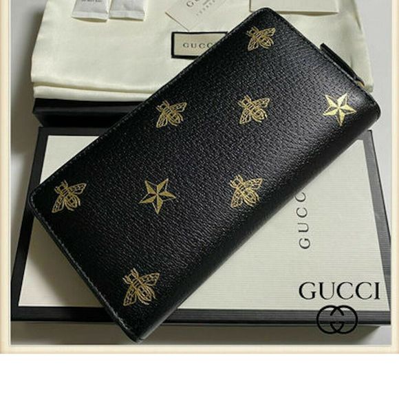 Gucci Black Leather Large Long Wallet Zip Around Gold Oro Bee Star Italy NEW - Picture 1 of 16